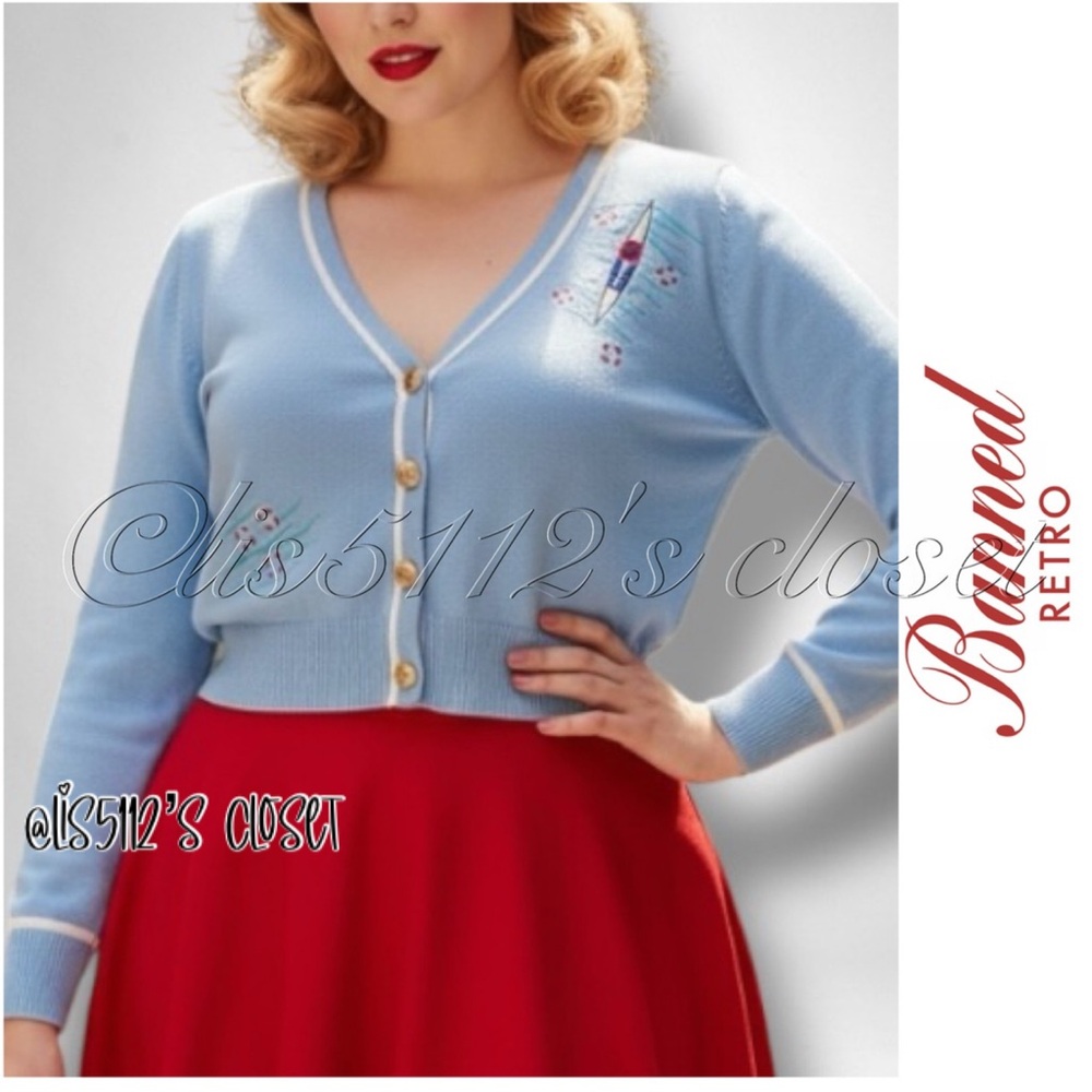 Banned Apparel Retro Blue Regatta Nautical Themed Cropped Cardigan Sweater XL